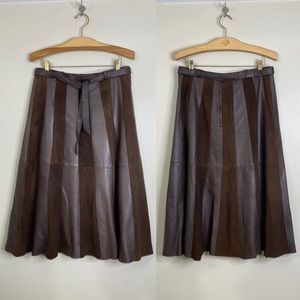 VINTAGE LEATHER SUEDE STRIPED ALINE SKIRT WITH MATCHING LEATHER TIE, ZIGZAG HEM